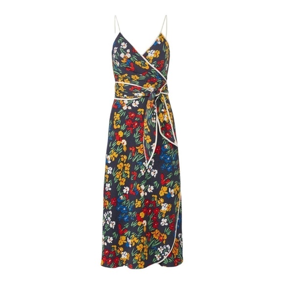 TORY BURCH Navy Blue Floral Grotto Midi Wrap Dress Size 8 - Picture 12 of 15